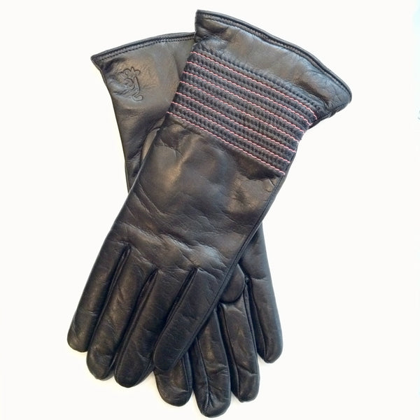 Cashmere lined leather gloves - Black (pink stitches)