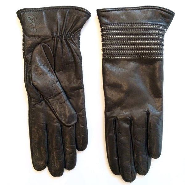 Cashmere lined leather gloves - Black (cream stitches)