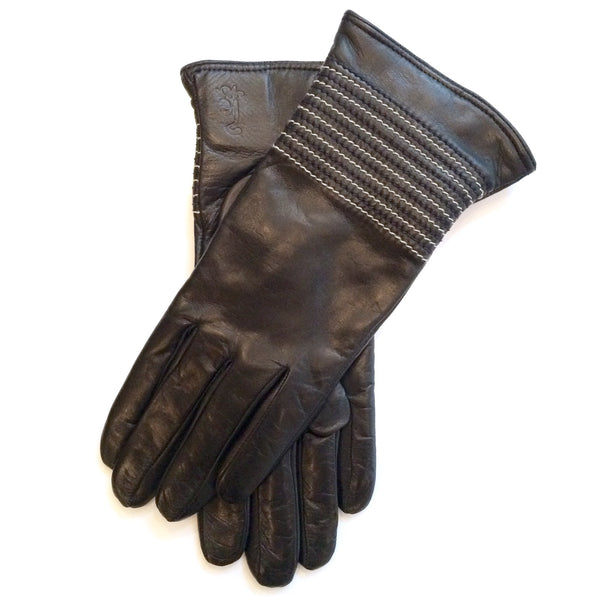 Cashmere lined leather gloves - Black (cream stitches)