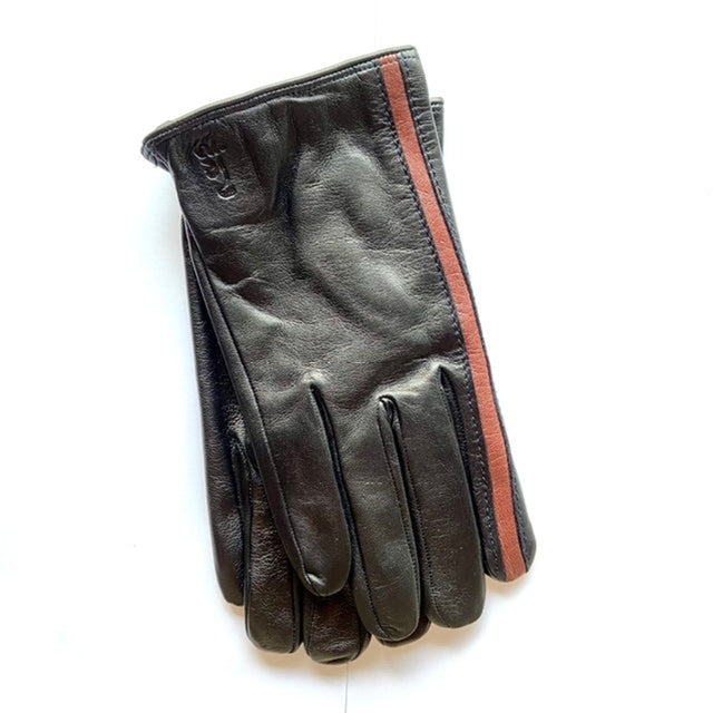 Silk lined leather gloves - Black with brown details