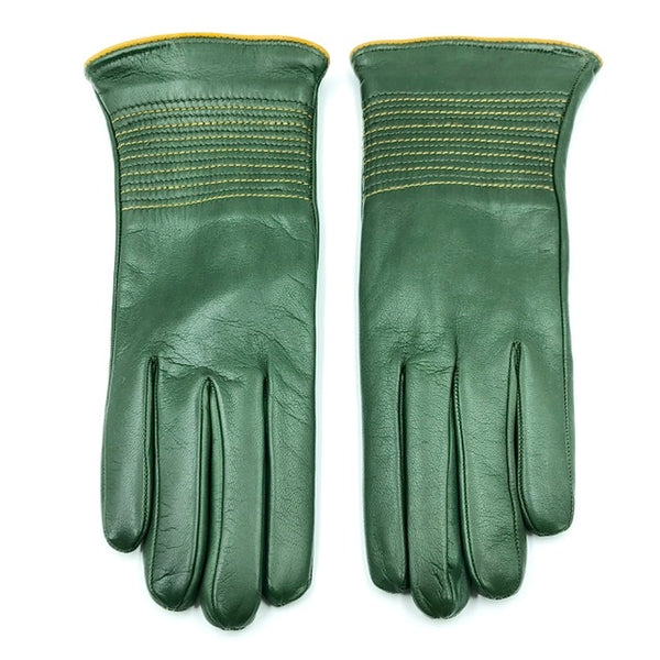 Cashmere lined leather gloves - racing Green/yellow