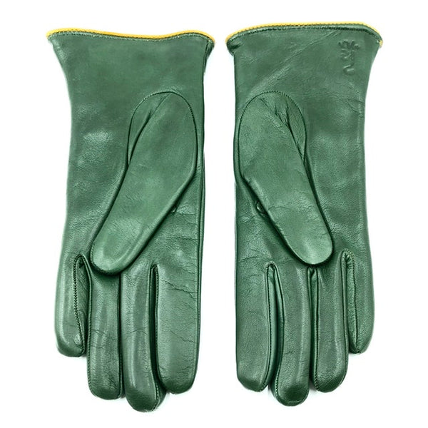 Cashmere lined leather gloves - racing Green/yellow